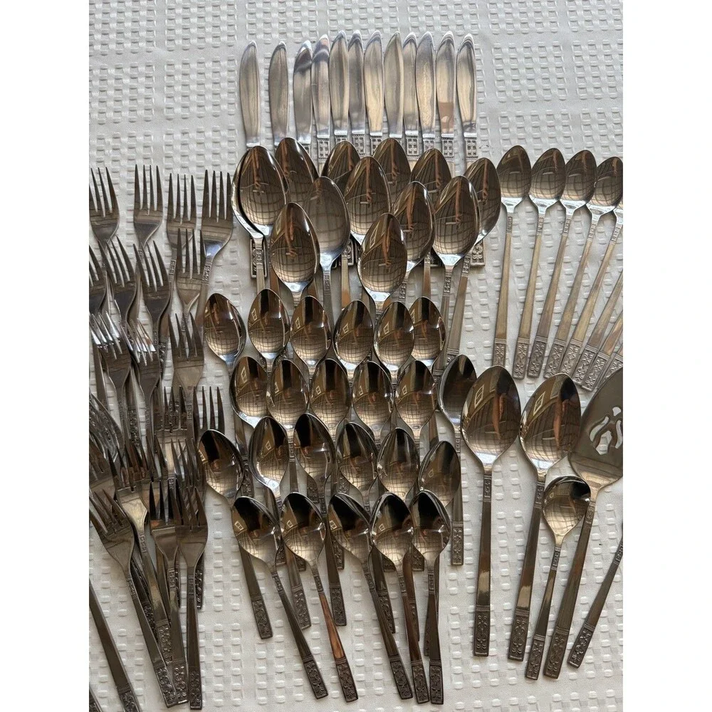 104 Pc Customcraft Taiwan Stainless Flatware Silverware Lot MCM Floral Scroll